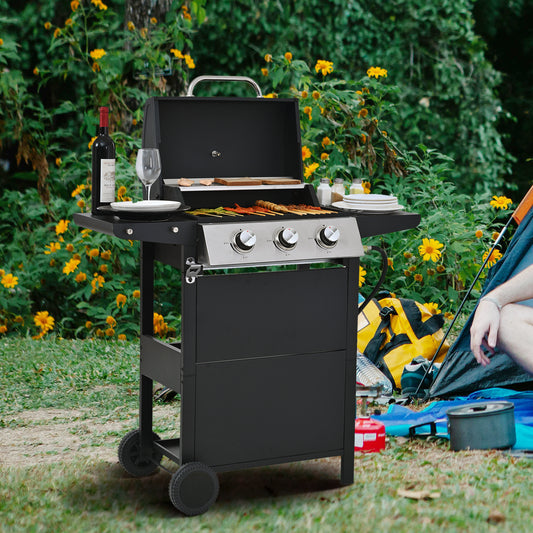 Propane Gas Grill with 3 Stainless Steel Burners 26,000 BTUs Black