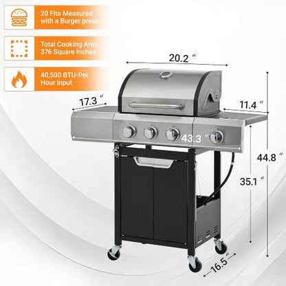 Propane Grill 3 Burner Barbecue Grill Stainless Steel Gas Grill Silver