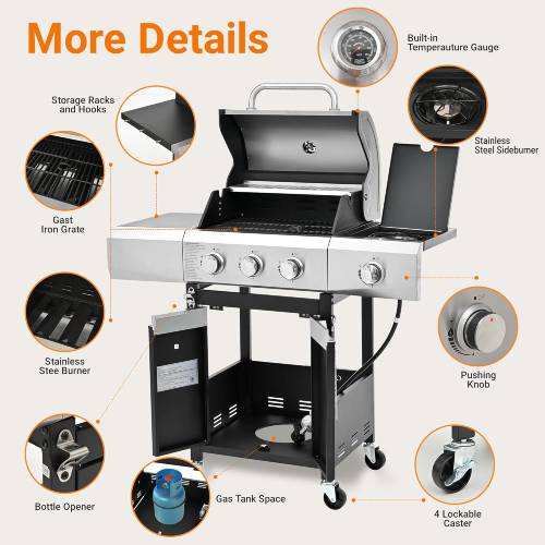 Propane Grill 3 Burner Barbecue Grill Stainless Steel Gas Grill Silver