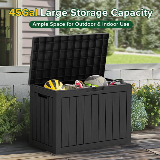 45 Gallon Outdoor Storage Box, Resin Deck Box, Waterproof , Lockable, UV-Resistant, Black