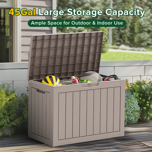 45 Gallon Outdoor Storage Box, Resin Deck Box, Waterproof , Lockable, UV-Resistant, Coffee